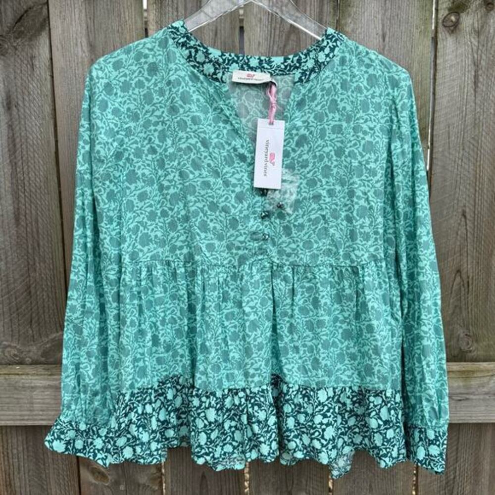 Vineyard Vines Woven‎ Top Tonal Floral Tiered Sea Clay Blouse Coastal Small NWT